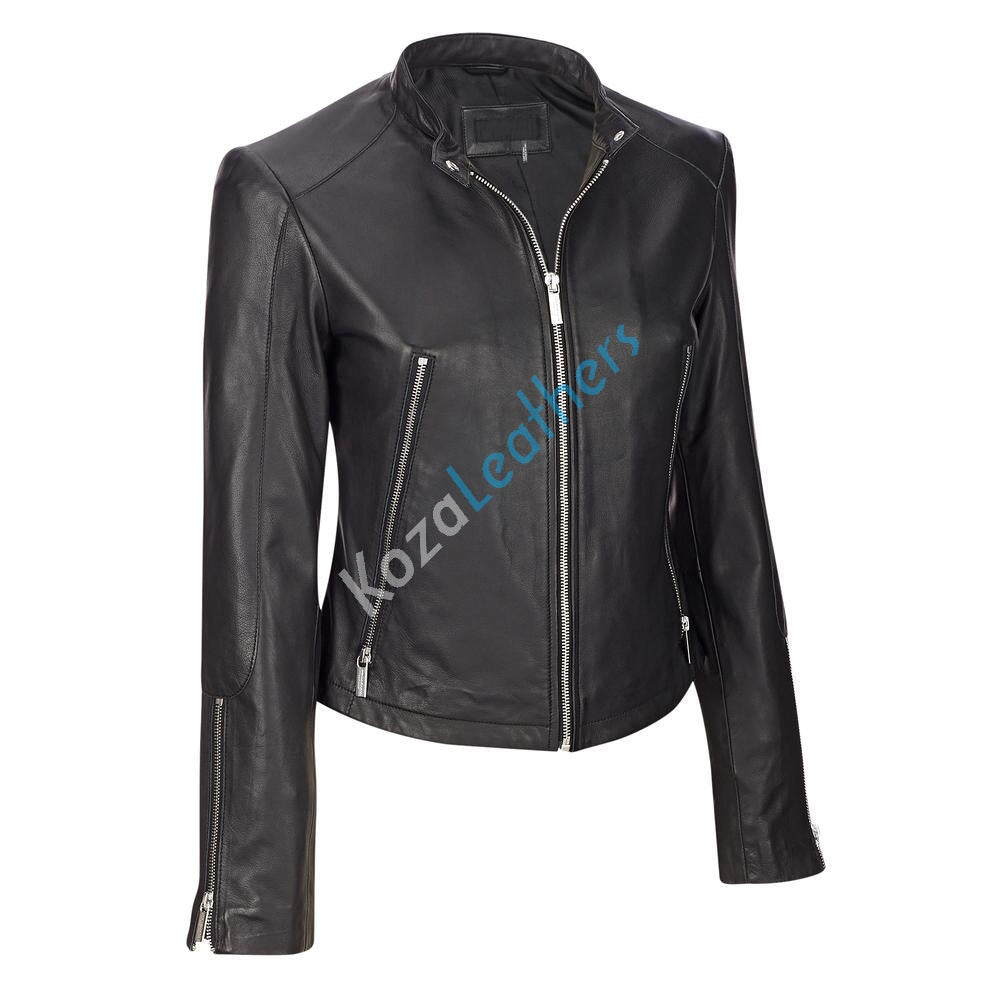 Leathers Women's Real Lambskin Leather Bomber Jacket KW167 featuring a sleek design, satin lining, and multiple pockets, perfect for stylish comfort.
