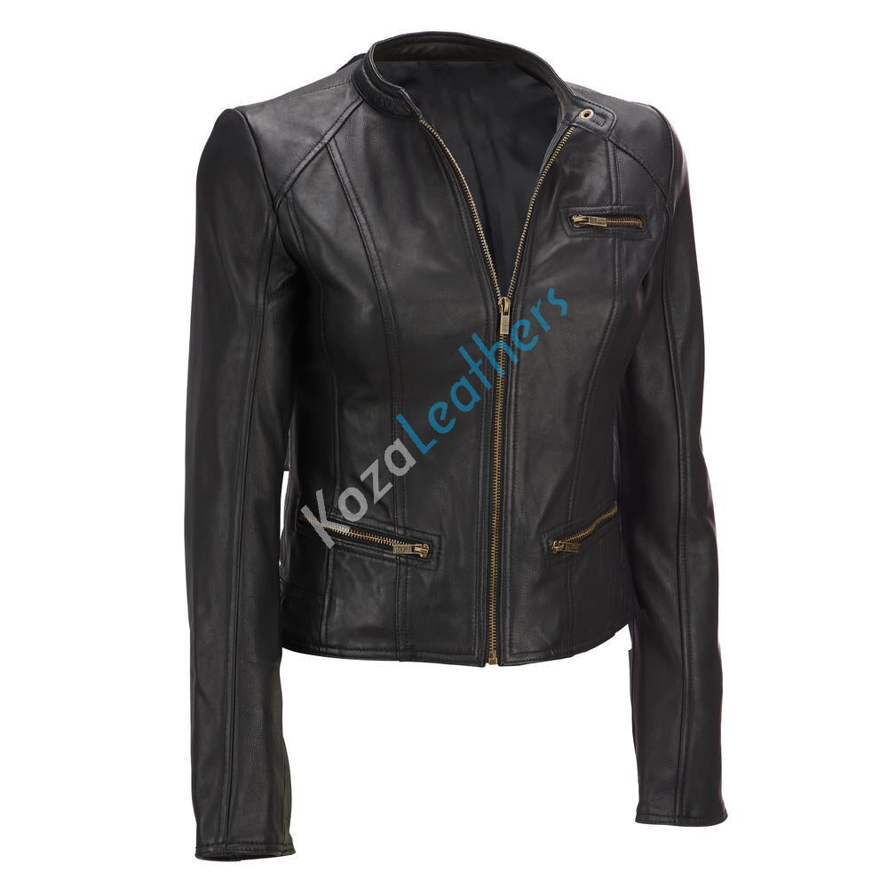 Leathers Women's Real Lambskin Leather Bomber Jacket KW168 featuring a stylish motorcycle design with satin lining and YKK zipper.