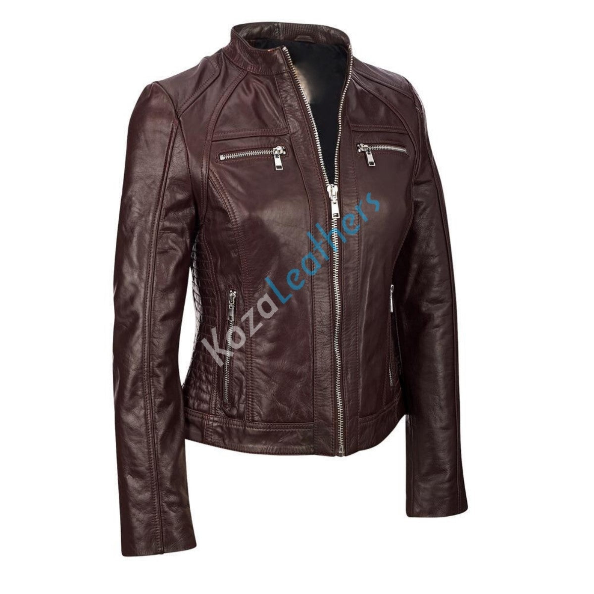 Leathers Women's Real Lambskin Leather Bomber Jacket KW175, showcasing its soft lambskin leather, satin lining, and stylish motorcycle design.