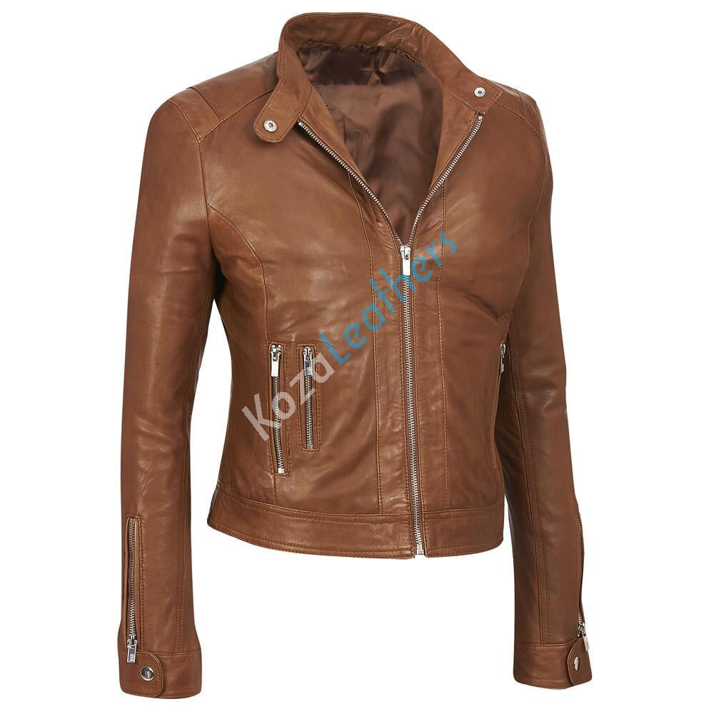 Leathers Women's Real Lambskin Leather Bomber Jacket KW178 displayed on a mannequin, showcasing its sleek design and high-quality leather material.