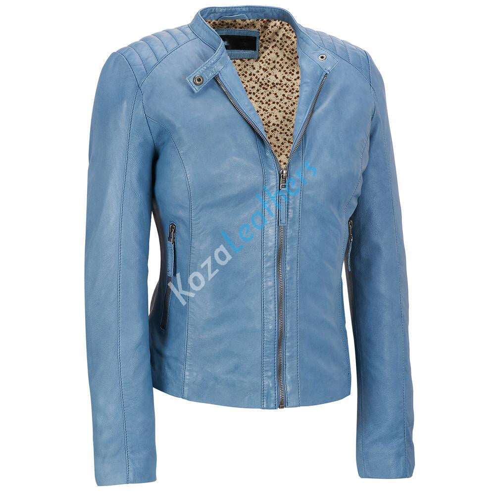 Leathers Women's Real Lambskin Leather Bomber Jacket KW119, showcasing its soft lambskin leather, satin lining, and stylish design.