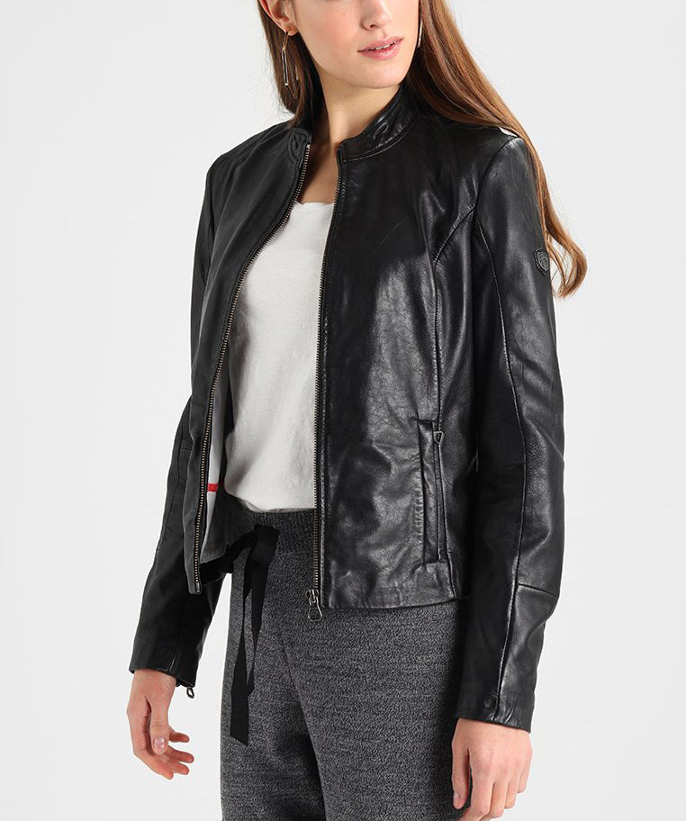 Leathers Women's Real Lambskin Leather Bomber Jacket KW206 featuring high-quality leather, satin lining, and stylish design with pockets.