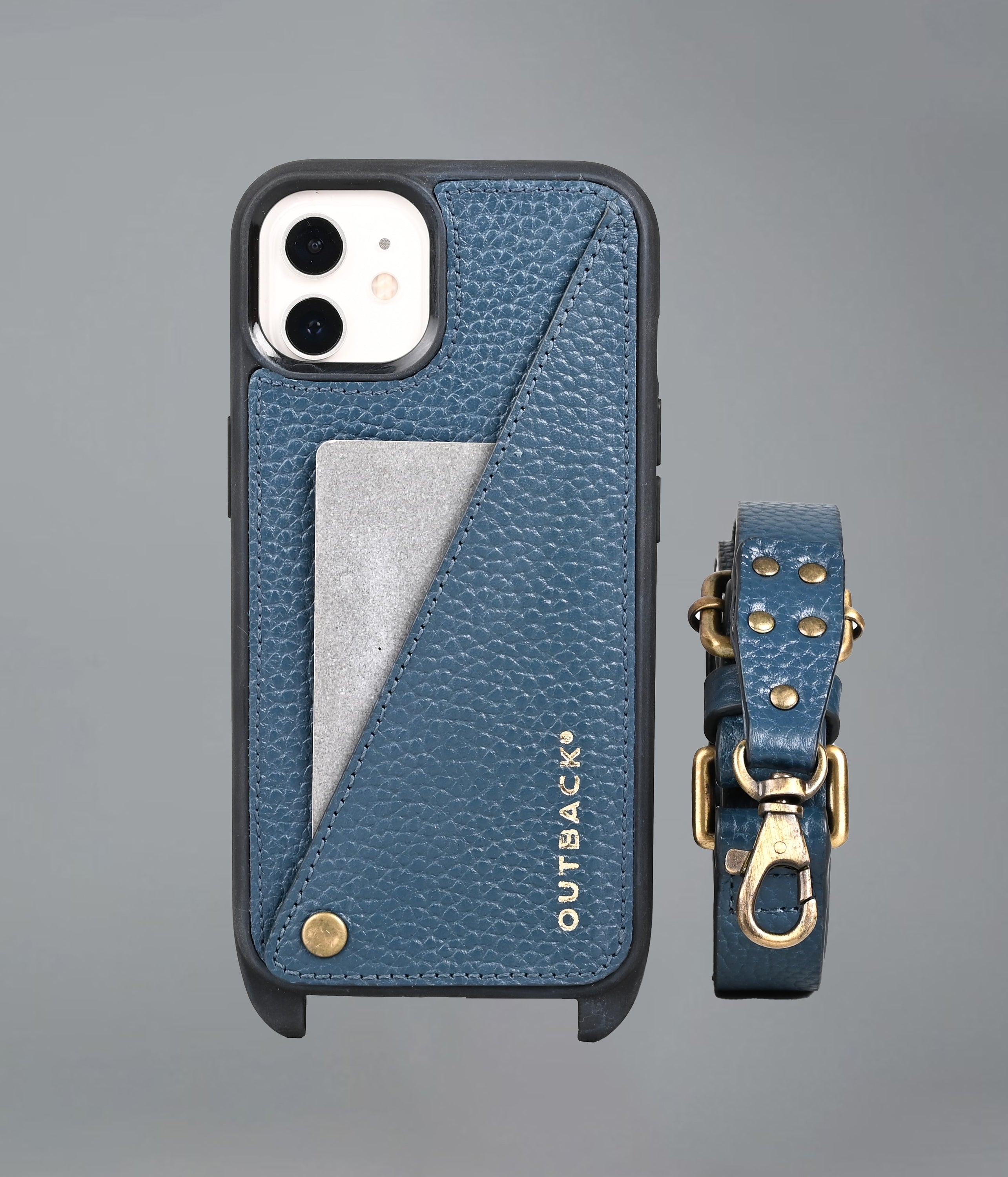Lifestyle iPhone Case made of full grain leather with adjustable crossbody strap and external pocket for cash and cards.