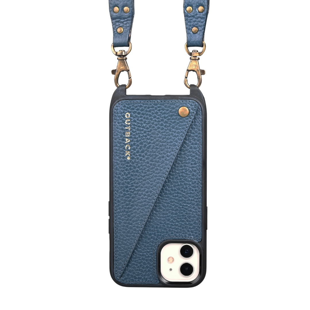 Lifestyle iPhone Case made of full grain leather with adjustable crossbody strap and external pocket for cash and cards.