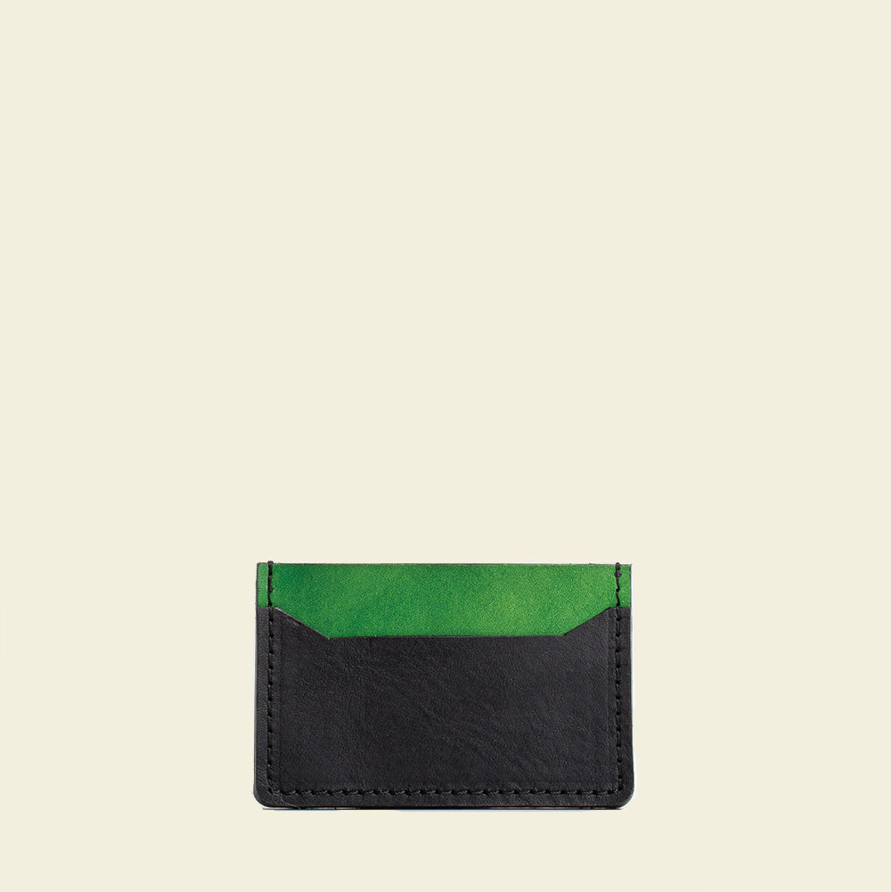 Lime green leather card holder with drops pattern design, handcrafted from Italian vegetable-tanned leather.
