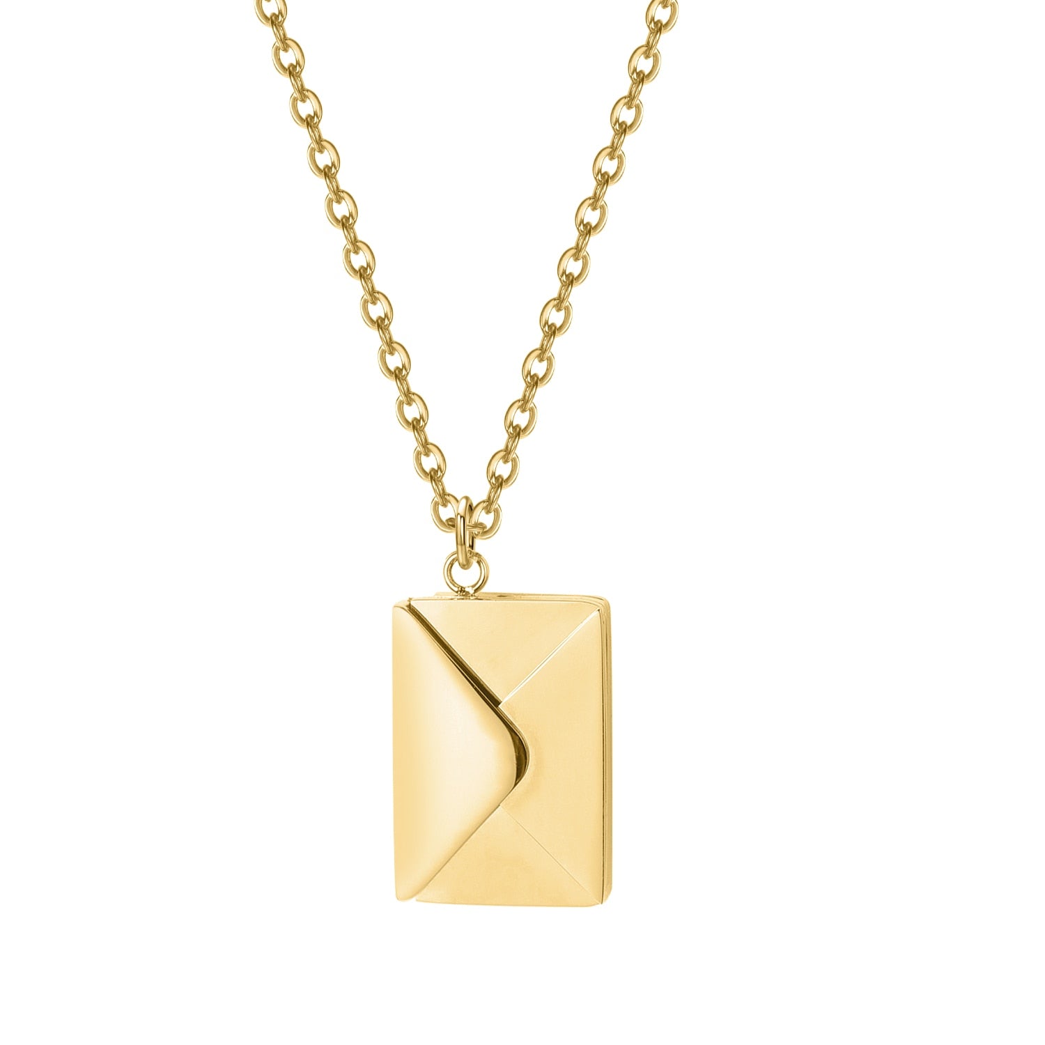 A beautiful Love Letter Envelope Pendant Necklace in gold, featuring customizable name engraving, elegantly displayed in a gift box.