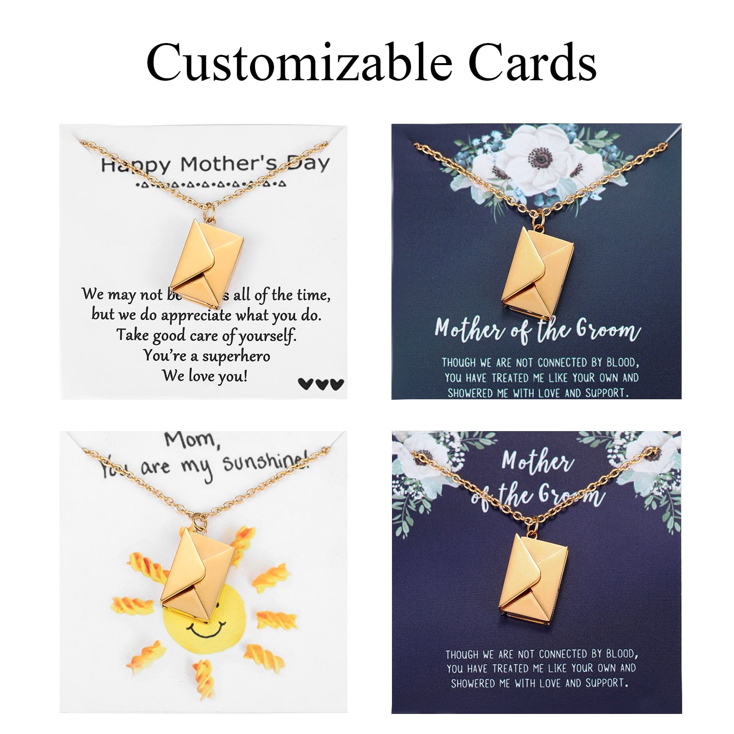 A beautiful Love Letter Envelope Pendant Necklace in gold, featuring customizable name engraving, elegantly displayed in a gift box.