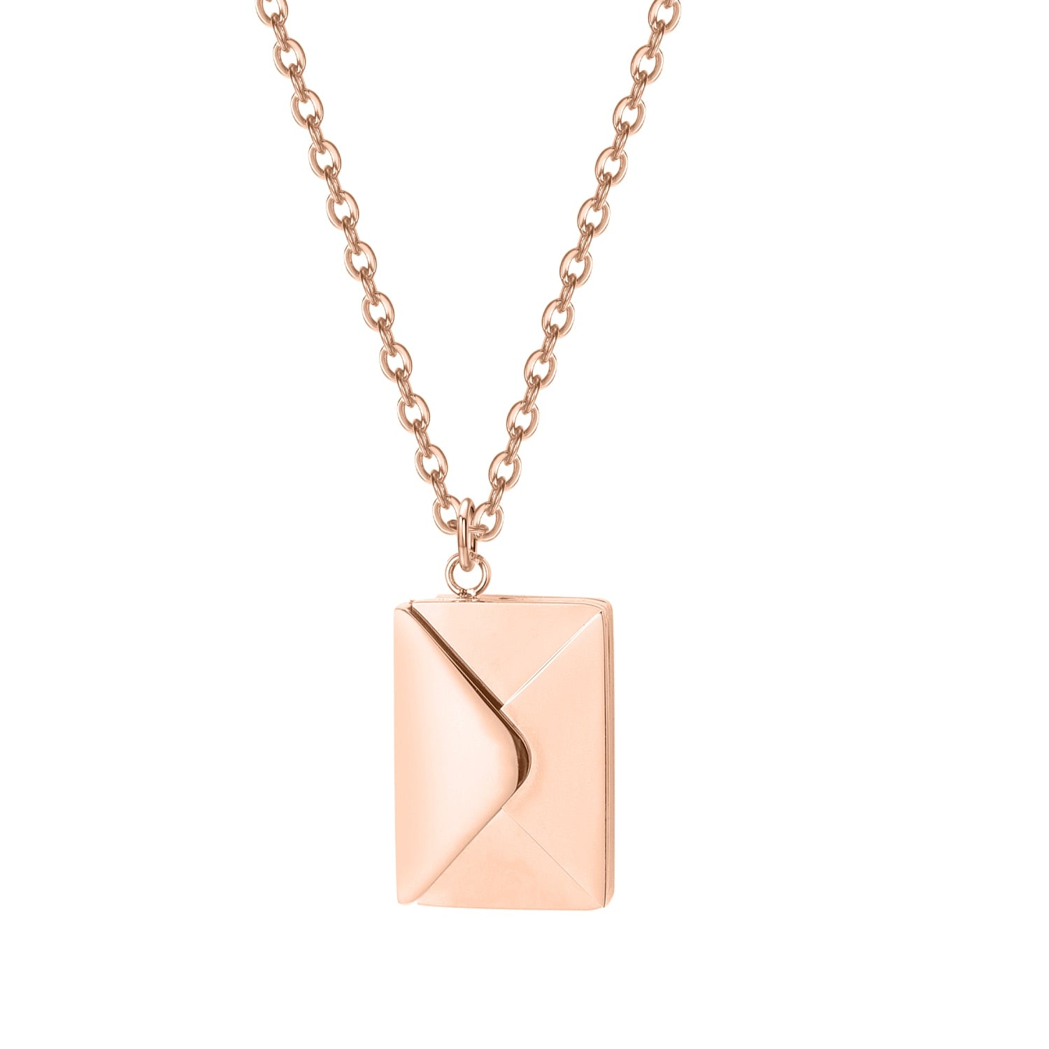 A beautiful Love Letter Envelope Pendant Necklace in gold, featuring customizable name engraving, elegantly displayed in a gift box.