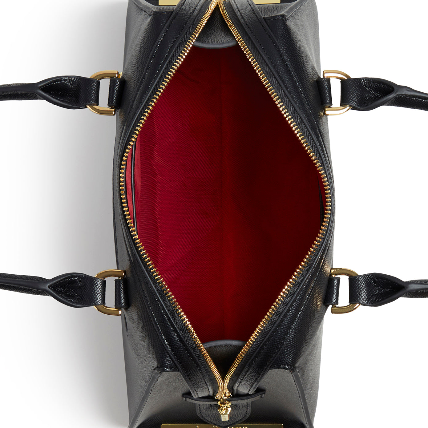 Magnolia Black Vegan Small Bowling Bag with gold hardware and red recycled lining, showcasing its elegant design and sustainable materials.