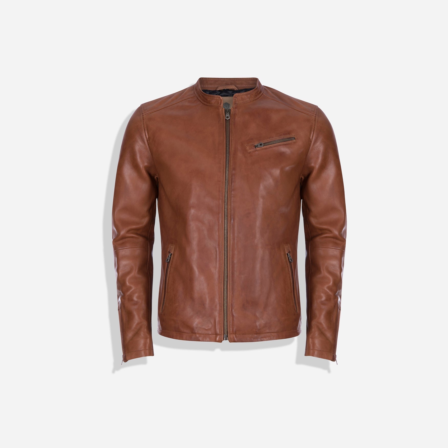 Chestnut Mandarin Collar Leather Jacket showcasing intricate details and stylish design.