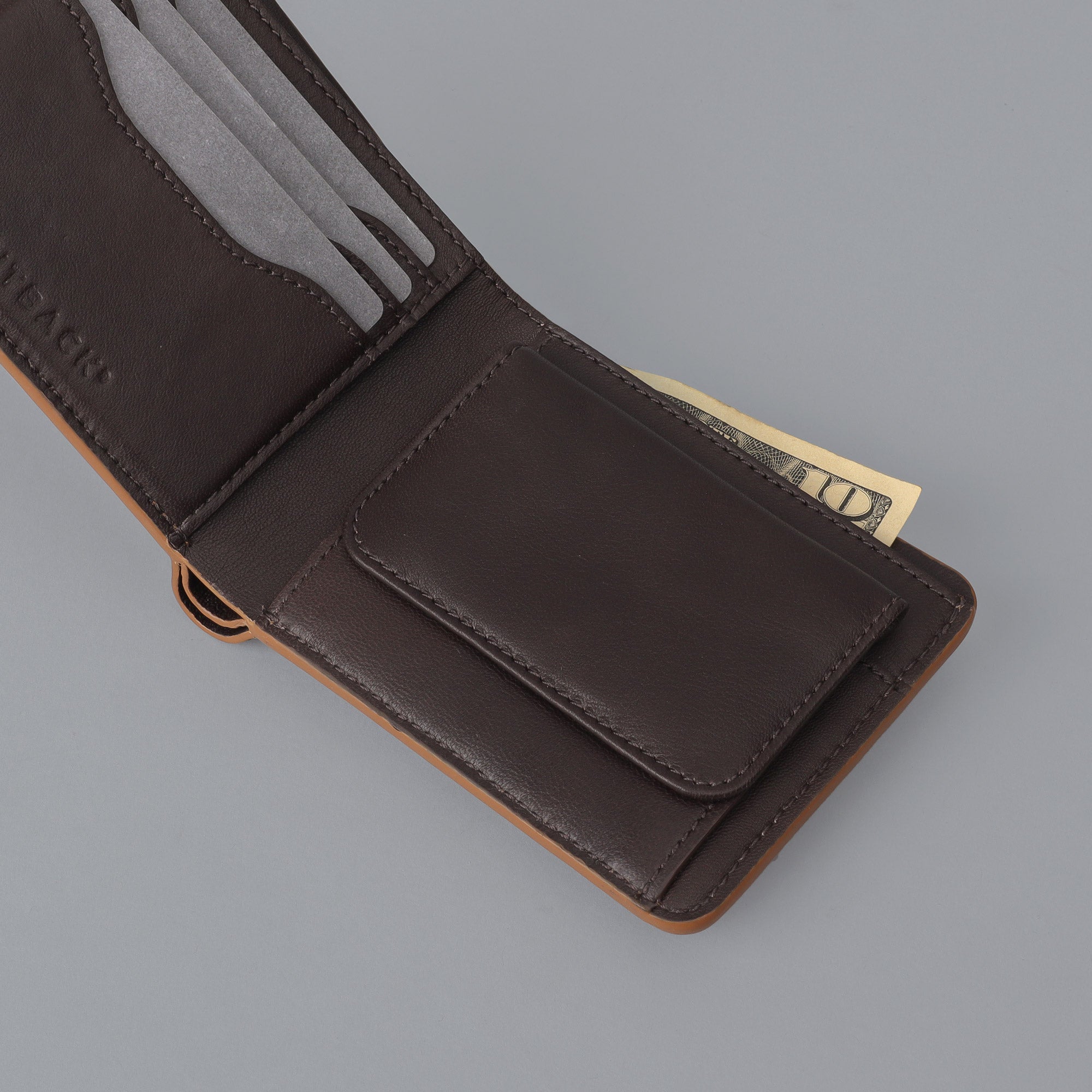 Max Wallet made from premium full grain leather with multiple pockets for cards and cash, featuring antique brass hardware and YKK zippers.