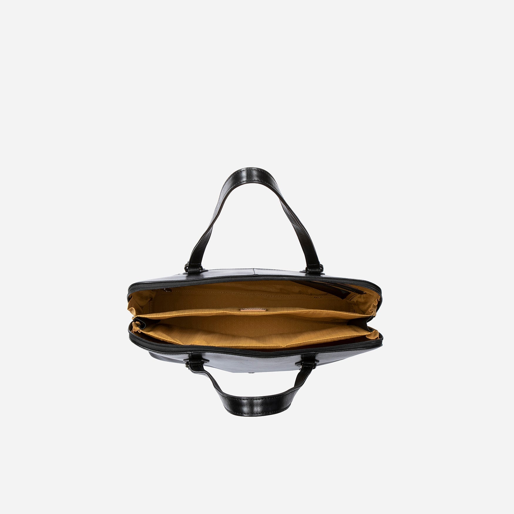 Medium 15-inch black leather laptop handbag with elegant design and spacious interior.