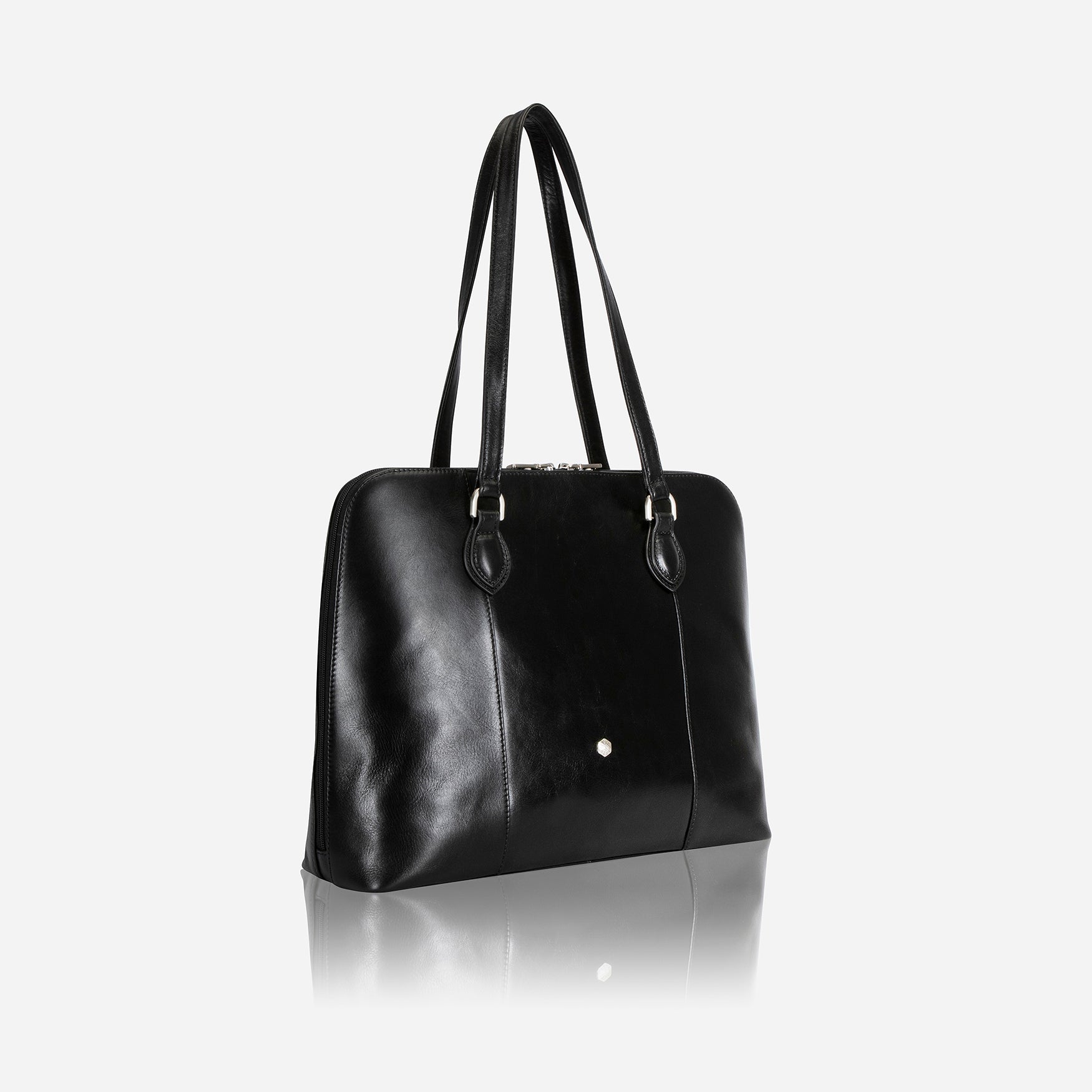 Medium 15-inch black leather laptop handbag with elegant design and spacious interior.