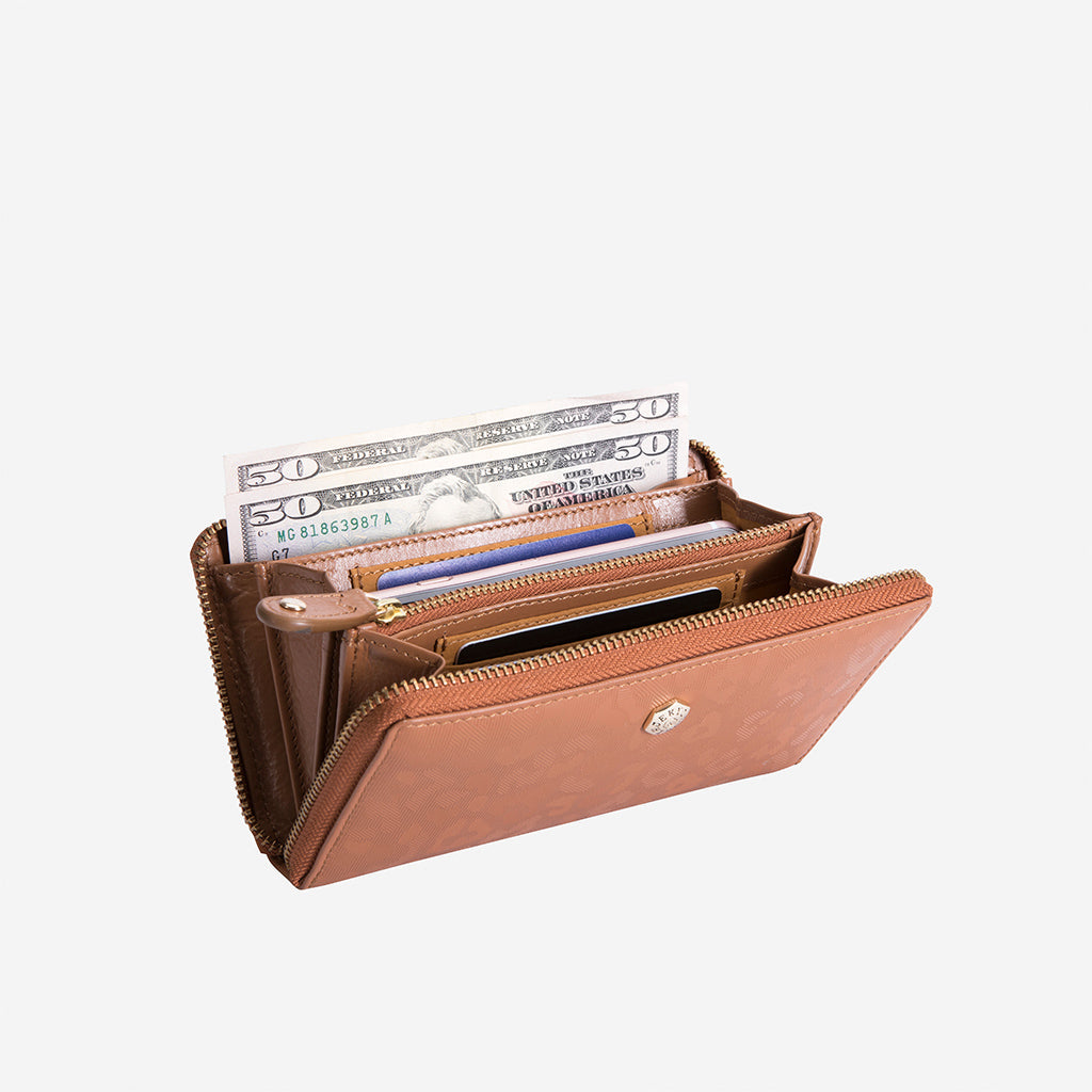 Medium Zip Around Purse in Natural with exclusive Italian prints, showcasing a stylish and compact design.