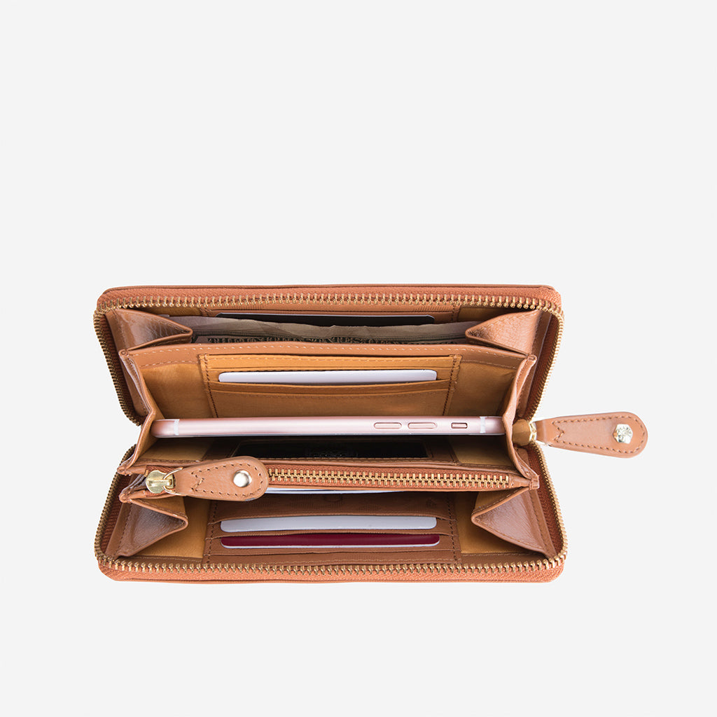 Medium Zip Around Purse in Natural with exclusive Italian prints, showcasing a stylish and compact design.