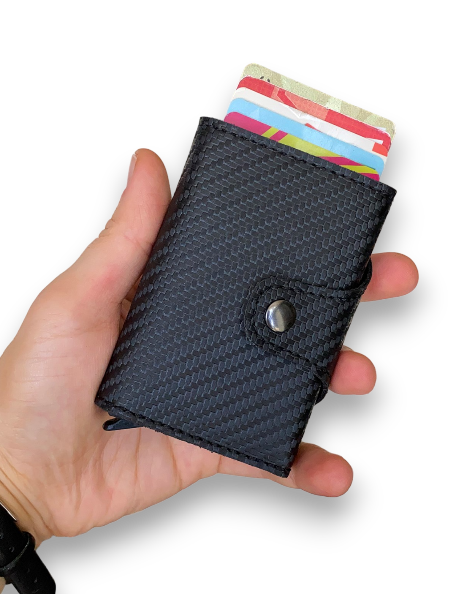 Medusa Carbon Fiber Leather Wallet showcasing RFID protection and pop-up mechanism with a sleek design.