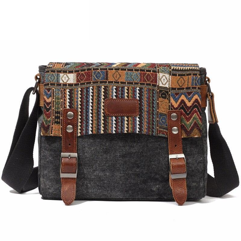 Men's Ethnic Style Canvas Messenger Bag in a cross-section square shape with a matte finish, featuring a magnetic buckle and multiple internal pockets.