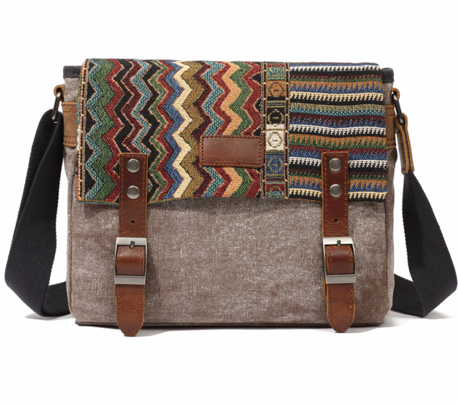 Men's Ethnic Style Canvas Messenger Bag in a cross-section square shape with a matte finish, featuring a magnetic buckle and multiple internal pockets.