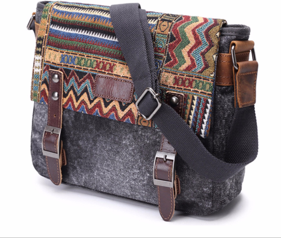 Men's Ethnic Style Canvas Messenger Bag in a cross-section square shape with a matte finish, featuring a magnetic buckle and multiple internal pockets.