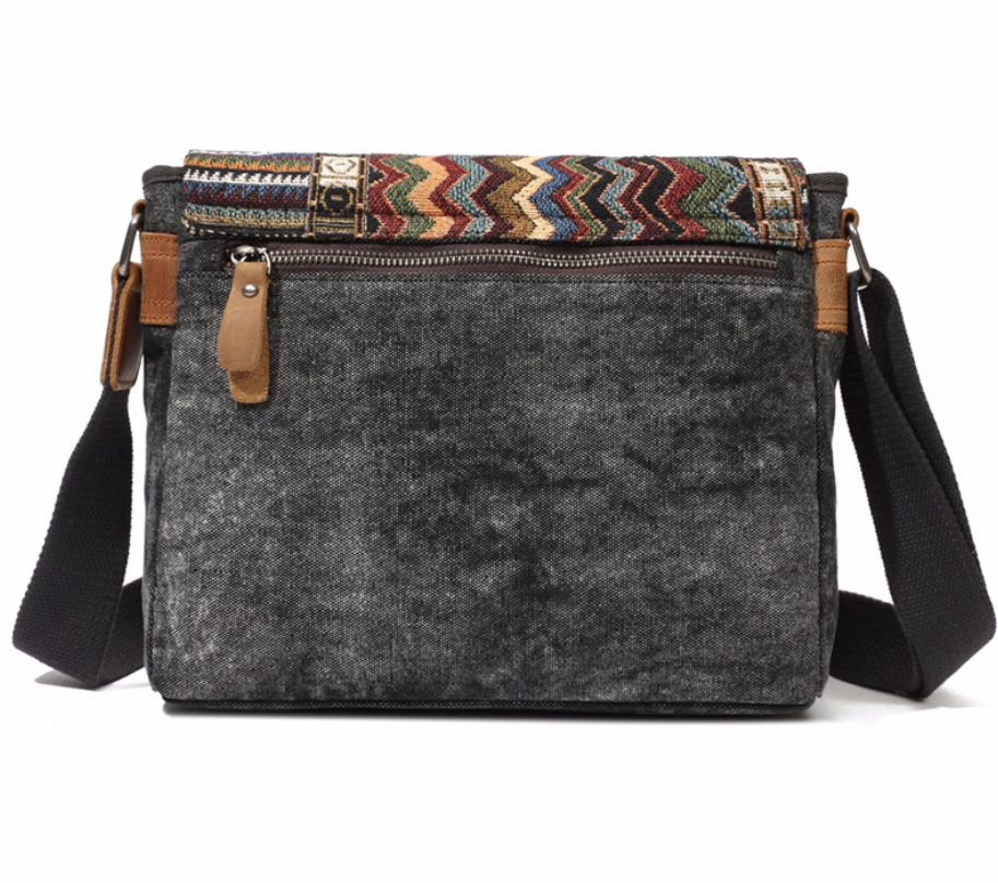Men's Ethnic Style Canvas Messenger Bag in a cross-section square shape with a matte finish, featuring a magnetic buckle and multiple internal pockets.