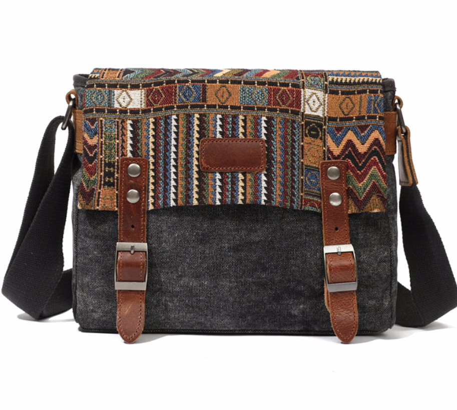 Men's Ethnic Style Canvas Messenger Bag in a cross-section square shape with a matte finish, featuring a magnetic buckle and multiple internal pockets.