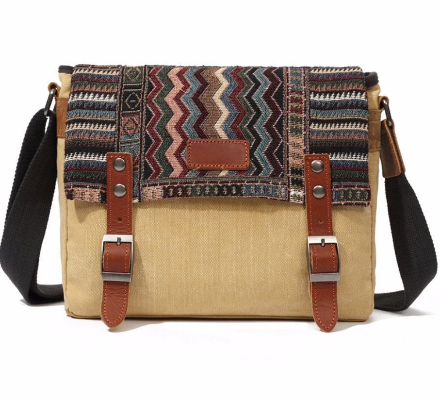 Men's Ethnic Style Canvas Messenger Bag in a cross-section square shape with a matte finish, featuring a magnetic buckle and multiple internal pockets.