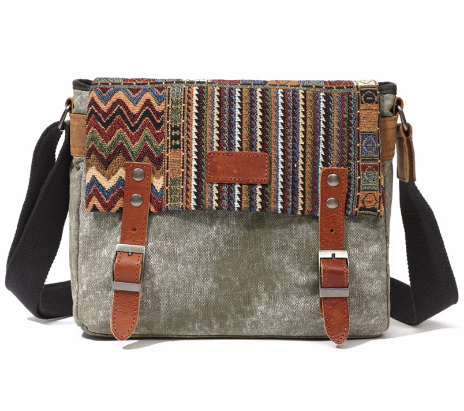 Men's Ethnic Style Canvas Messenger Bag in a cross-section square shape with a matte finish, featuring a magnetic buckle and multiple internal pockets.