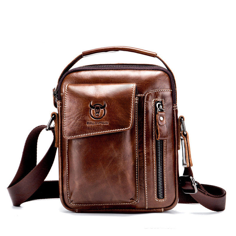 Men's Leather Solid Color Business Messenger Bag featuring a sleek design, first layer cowhide leather, and multiple internal pockets for organization.
