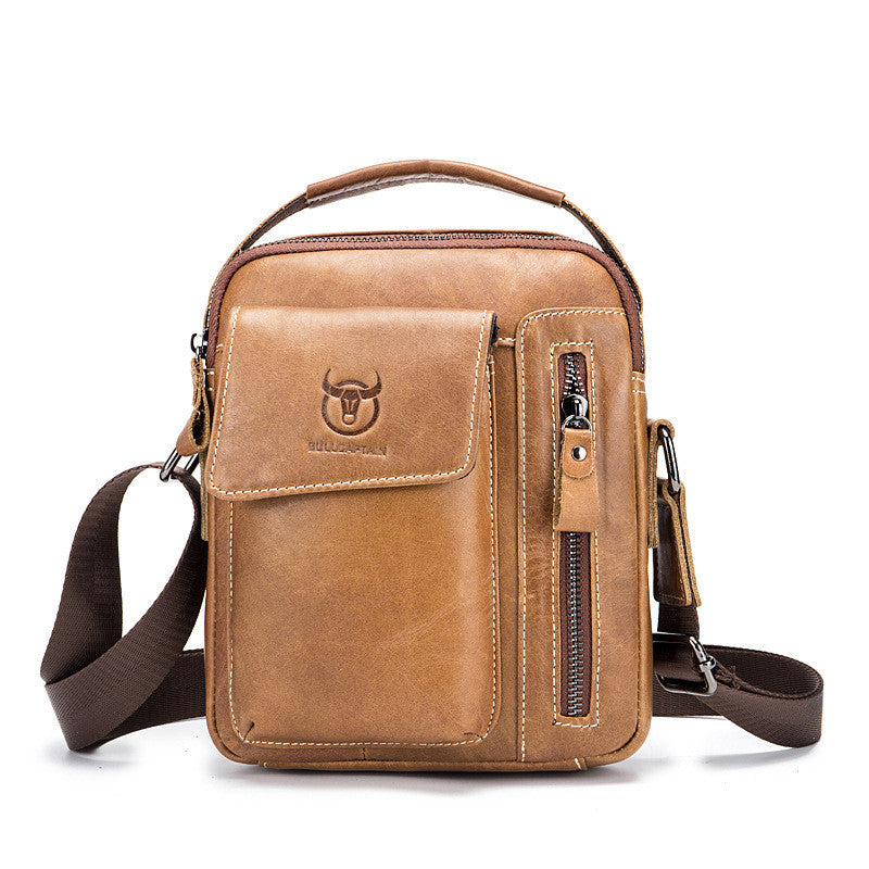 Men's Leather Solid Color Business Messenger Bag featuring a sleek design, first layer cowhide leather, and multiple internal pockets for organization.