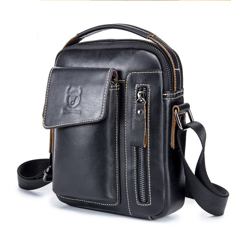 Men's Leather Solid Color Business Messenger Bag featuring a sleek design, first layer cowhide leather, and multiple internal pockets for organization.