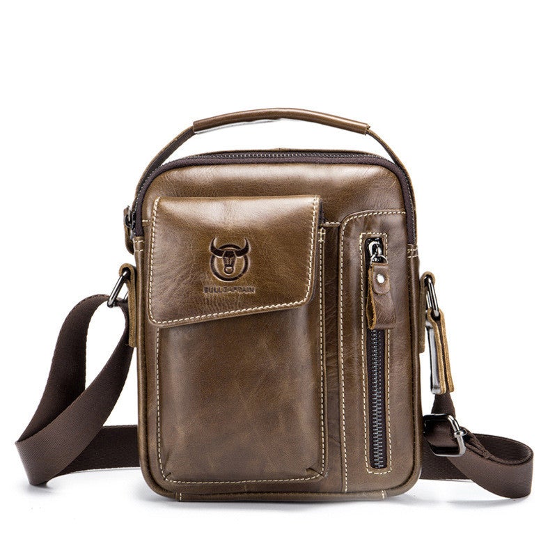 Men's Leather Solid Color Business Messenger Bag featuring a sleek design, first layer cowhide leather, and multiple internal pockets for organization.