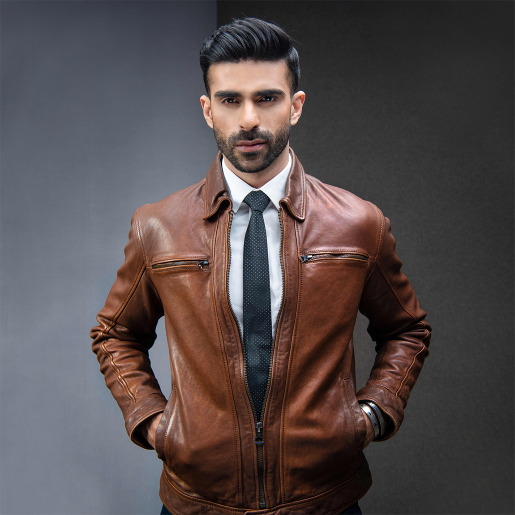 MENS Premium Leather Mukmal Official Jacket in brown, featuring front zip fastener, snap button collar, and two zipper pockets.