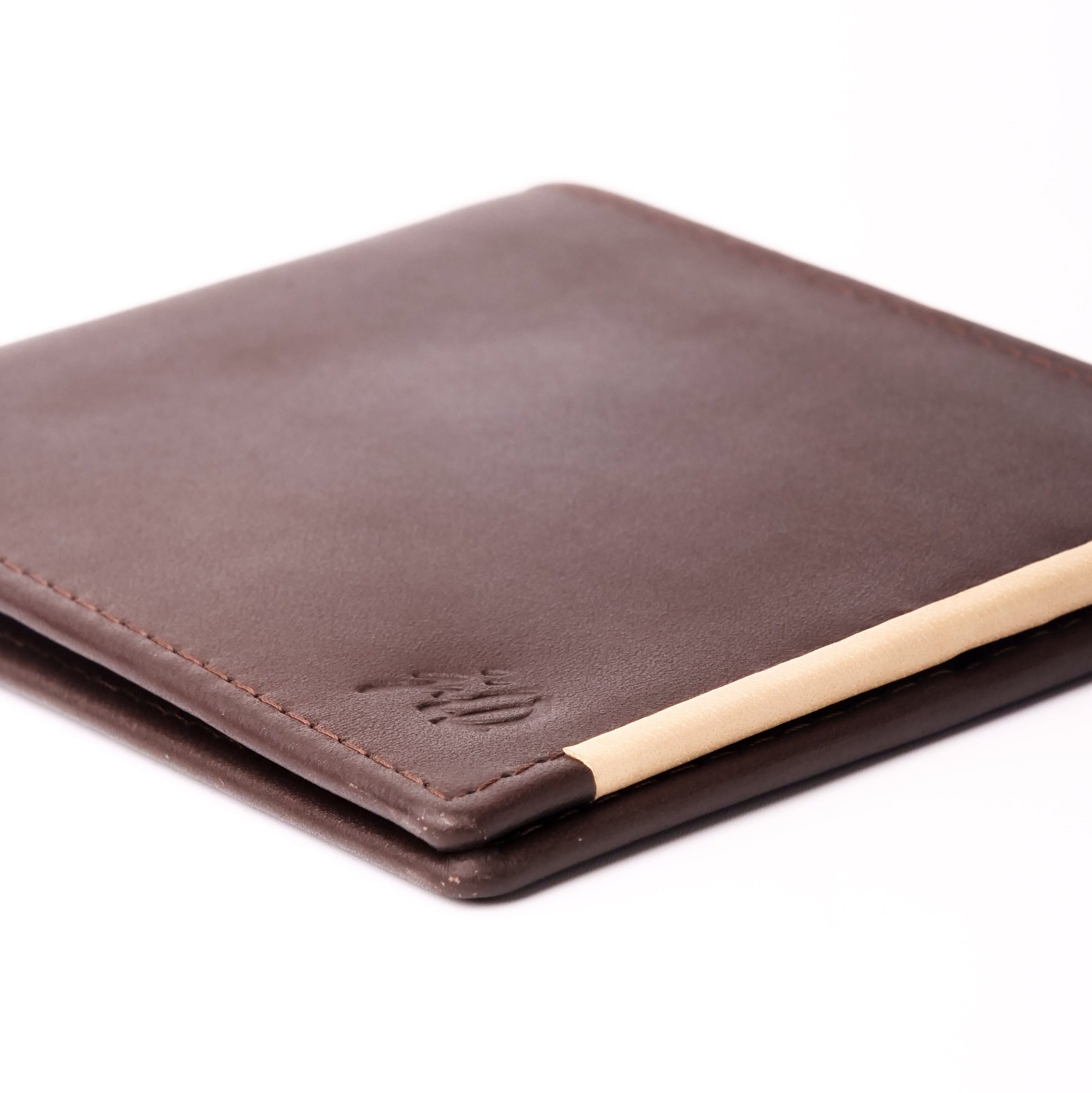 Mens Pure Leather Wallet Bifold in brown with a stylish red stripe, featuring multiple card slots and cash compartments.