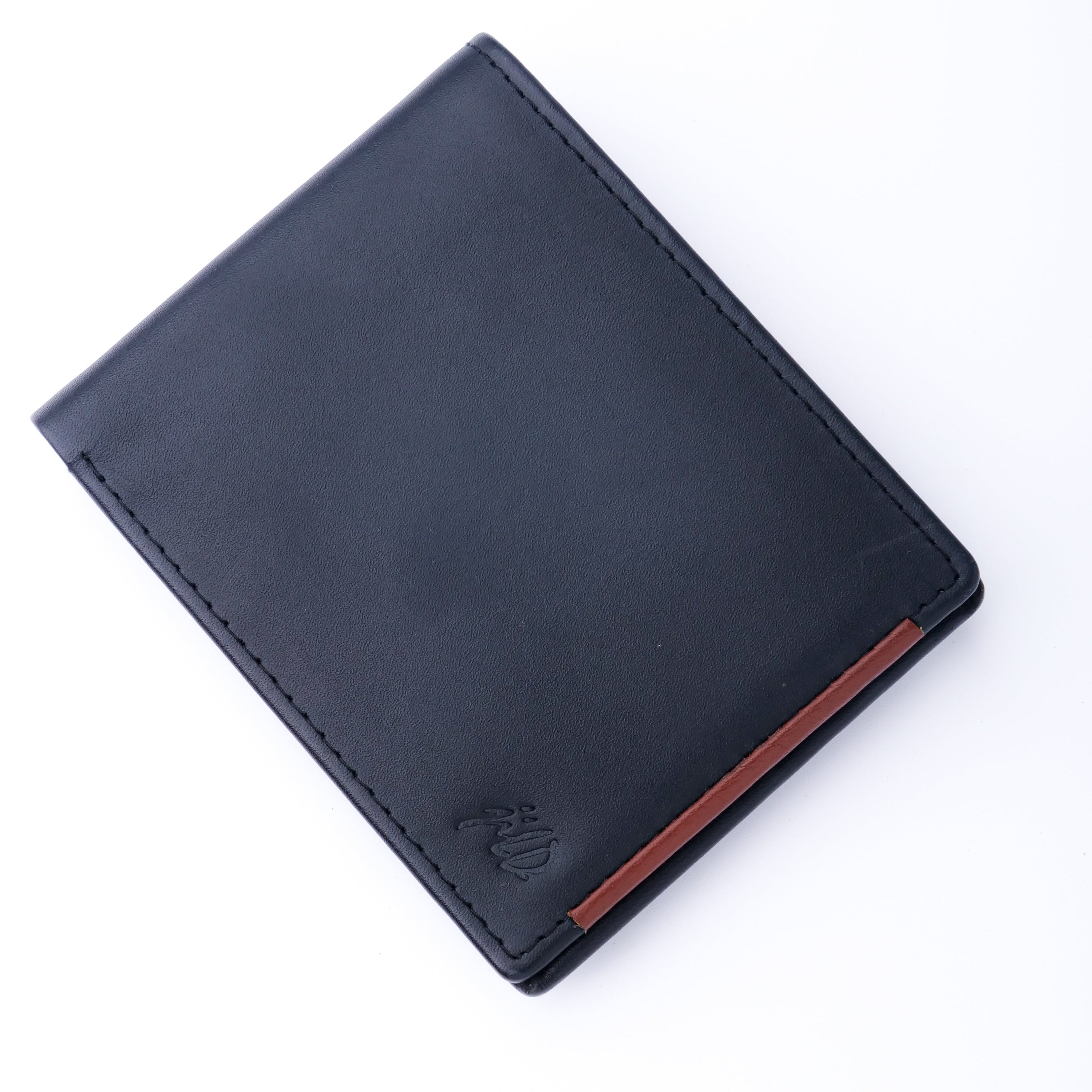 Mens Pure Leather Wallet Bifold in TAN BRN with a stylish red stripe, showcasing its slim design and multiple compartments.