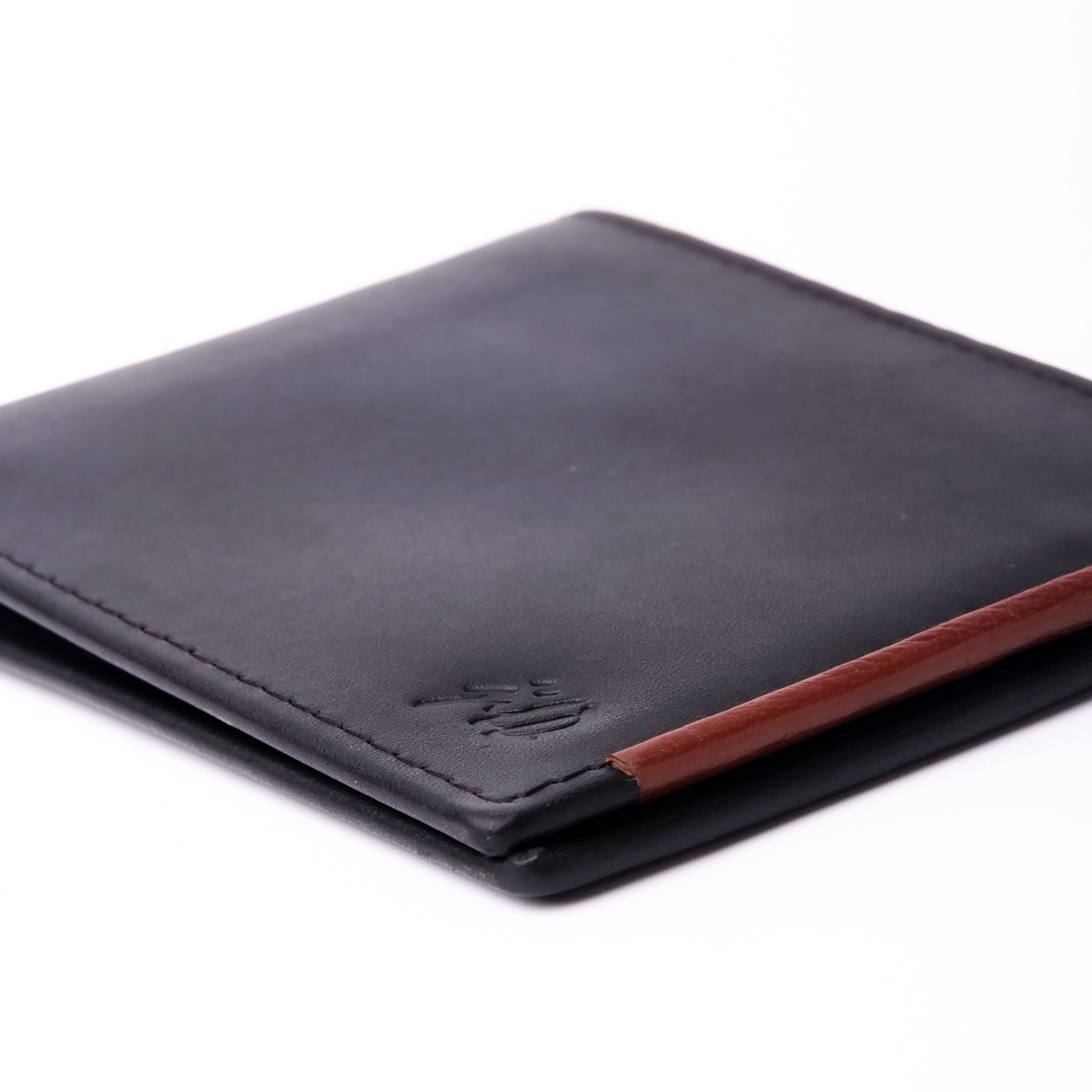 Mens Pure Leather Wallet Bifold in TAN BRN with a stylish red stripe, showcasing its slim design and multiple compartments.