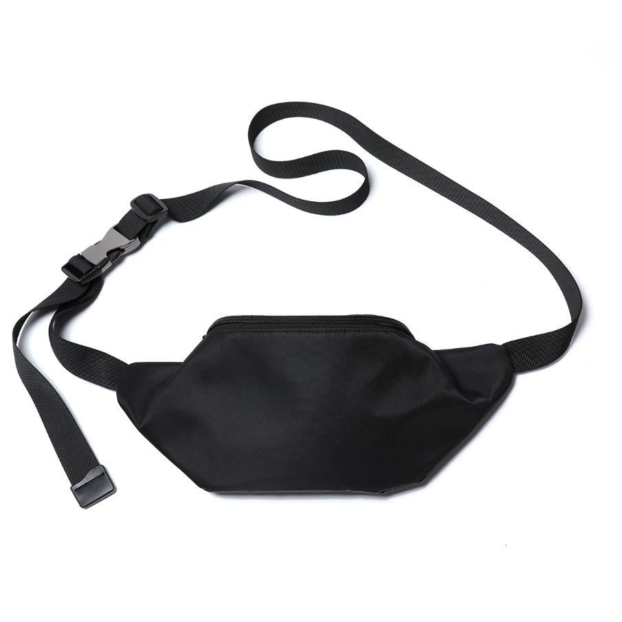 Men's Street Personality Mini Casual Waist Bag in black nylon, featuring multiple pockets and a stylish dumpling shape.