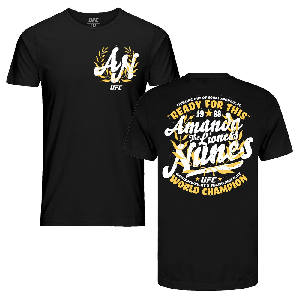 Men's black UFC 289 Champ T-Shirt featuring Amanda Nunes graphic on the chest, made from 100% ringspun cotton.