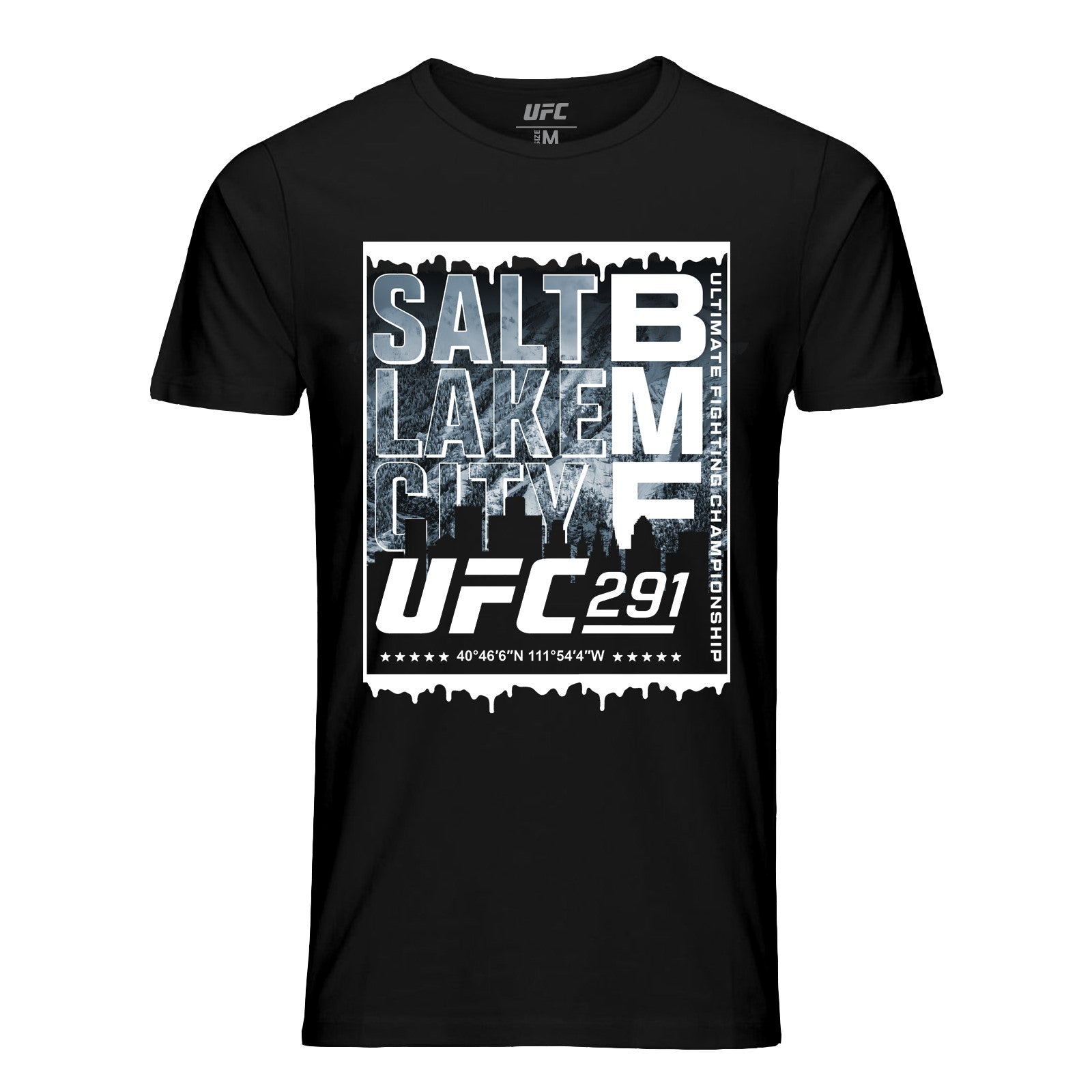 Men's UFC BMF Salt Lake City Tee in black, featuring a crew neck and short sleeves, perfect for UFC fans.