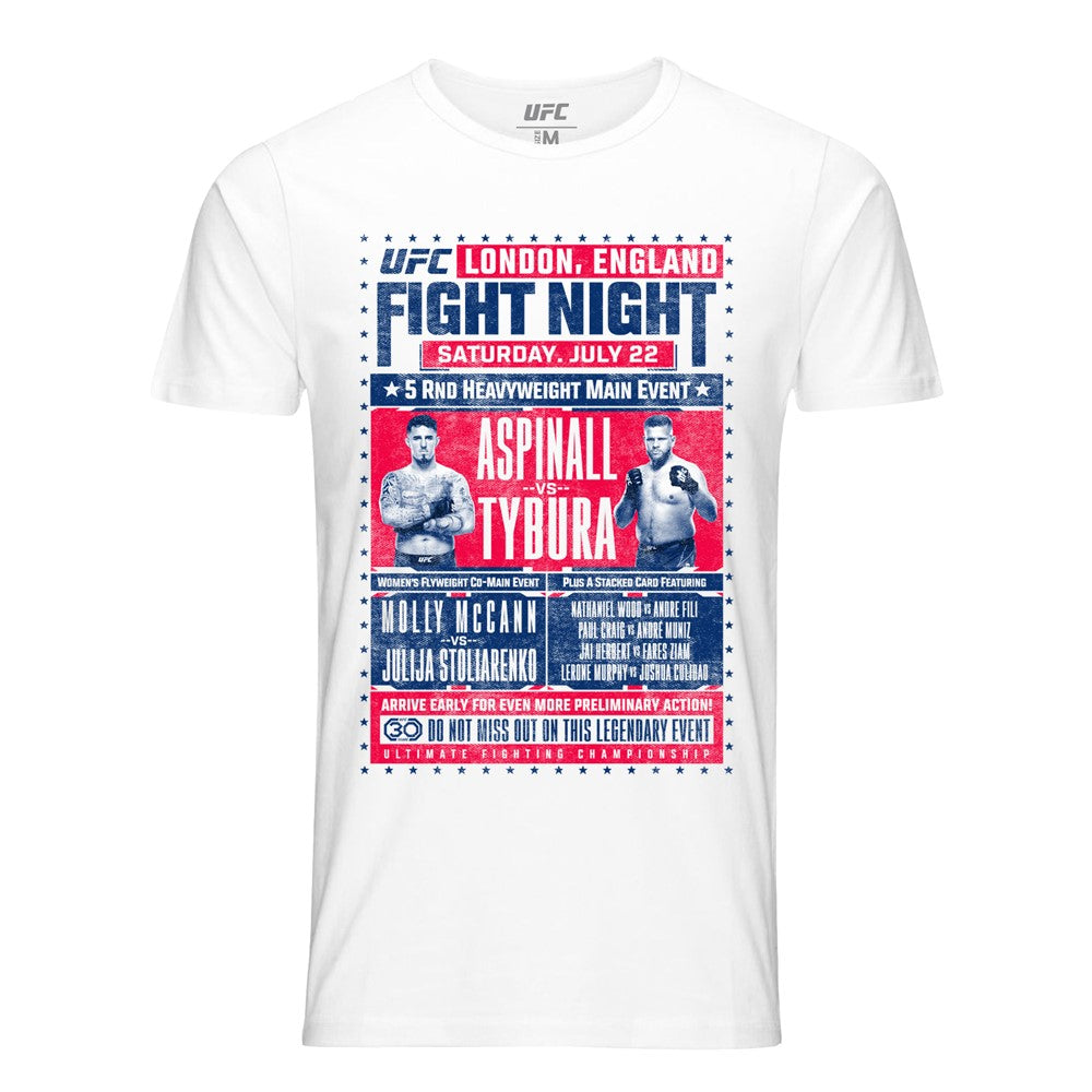 Men's UFC FN London Match-up Tee in white, featuring a crew neck and short sleeves, made from 100% ring spun cotton.