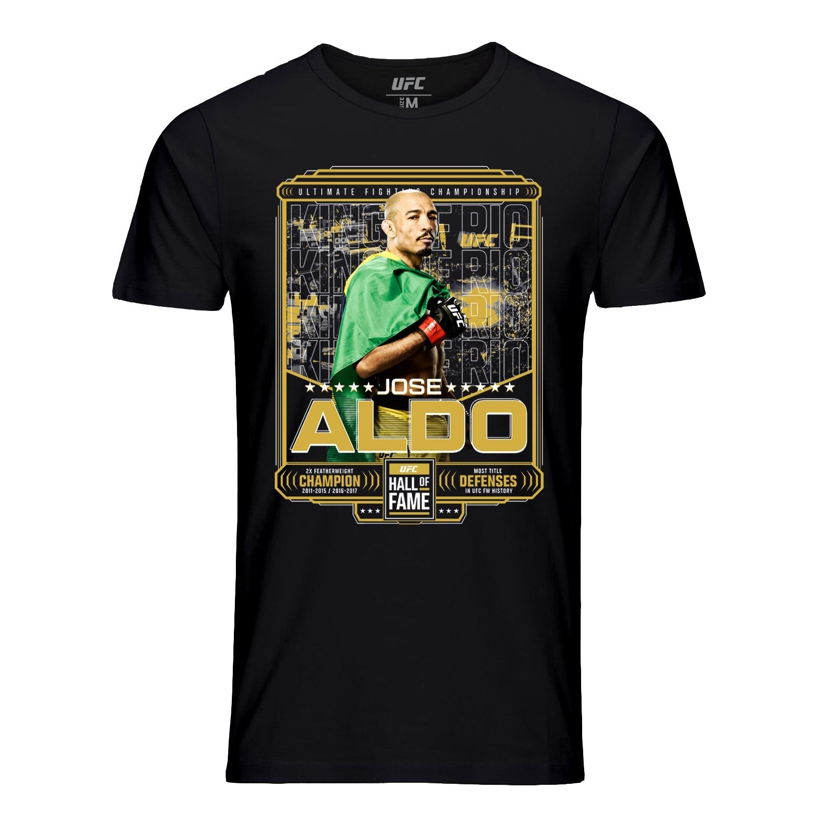Men's black UFC HOF 2023 Jose Aldo T-Shirt featuring a crew neck and short sleeves, celebrating Aldo's Hall of Fame induction.