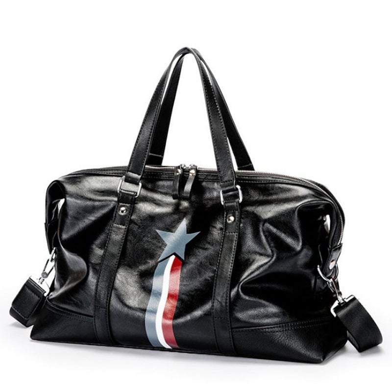 Men's waterproof leather travel bag in black, featuring multiple compartments and pockets for organization, ideal for business trips.