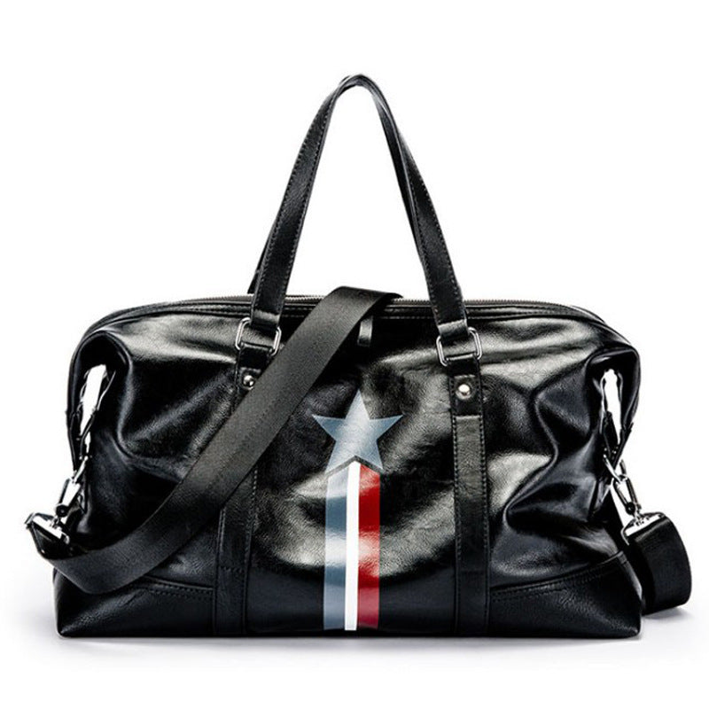 Men's waterproof leather travel bag in black, featuring multiple compartments and pockets for organization, ideal for business trips.