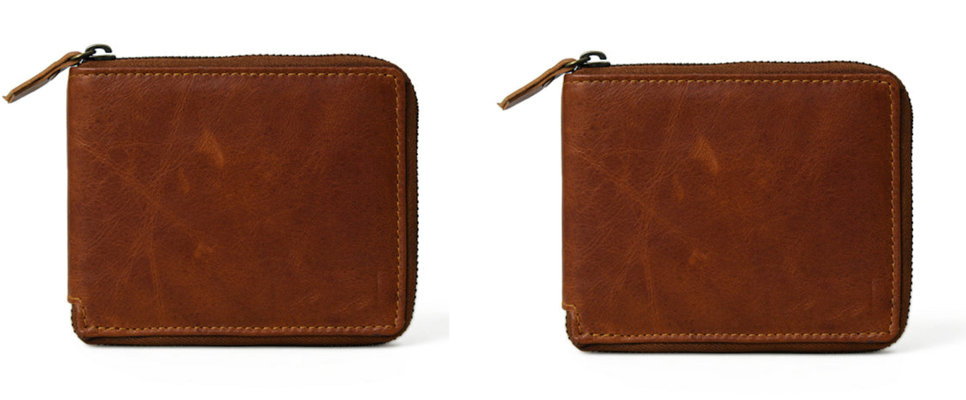 Two brown leather men's zip closure wallets with multiple compartments, showcasing card slots, cash compartment, and coin pocket.