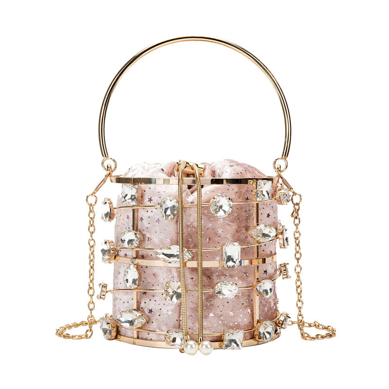 Metal Hollow Diamond Velvet Bracelet Handbag featuring a unique hollow design and soft velvet texture, perfect for stylish storage.