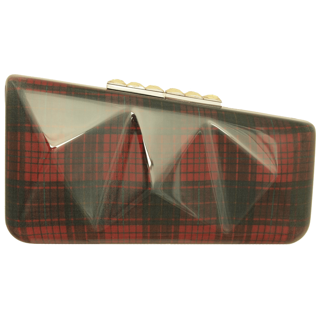 A stylish Minaudière in Red Tartan featuring hard glass acrylic, Swarovski Elements clasp, and a silk-lined interior.