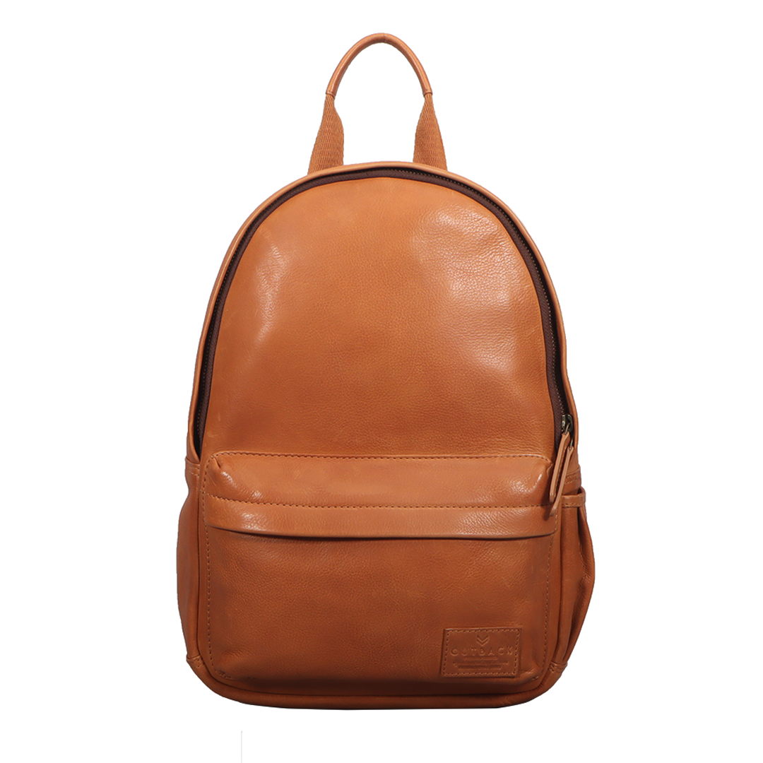 Mini Journey Leather Backpack made from premium full grain leather, featuring adjustable straps and multiple pockets for convenience.