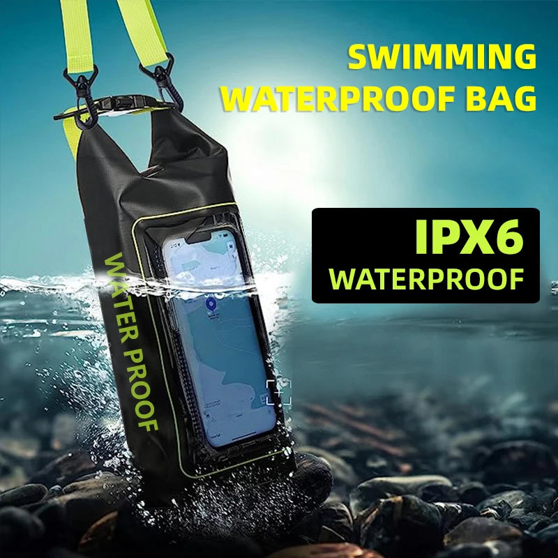 Mobile Waterproof Bags 2L PVC Swimming Bag in black, showcasing its durable design and spacious interior for water sports.