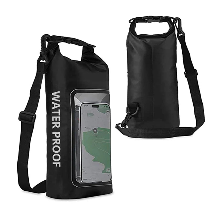 Mobile Waterproof Bags 2L PVC Swimming Bag in black, showcasing its durable design and spacious interior for water sports.