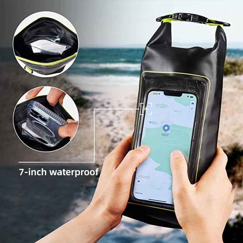 Mobile Waterproof Bags 2L PVC Swimming Bag in black, showcasing its durable design and spacious interior for water sports.