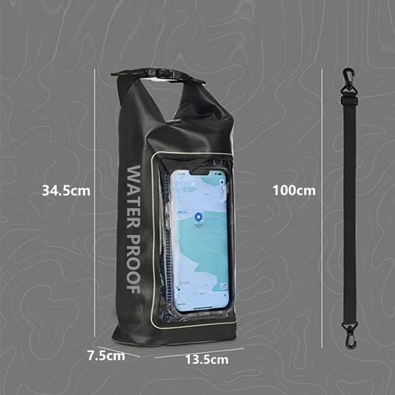 Mobile Waterproof Bags 2L PVC Swimming Bag in black, showcasing its durable design and spacious interior for water sports.